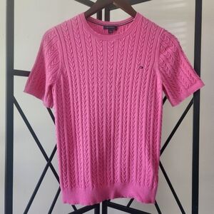 Tommy Hilfiger Women's Pink Cotton Cable Knit Shirt Sleeve Top Size Large Preppy